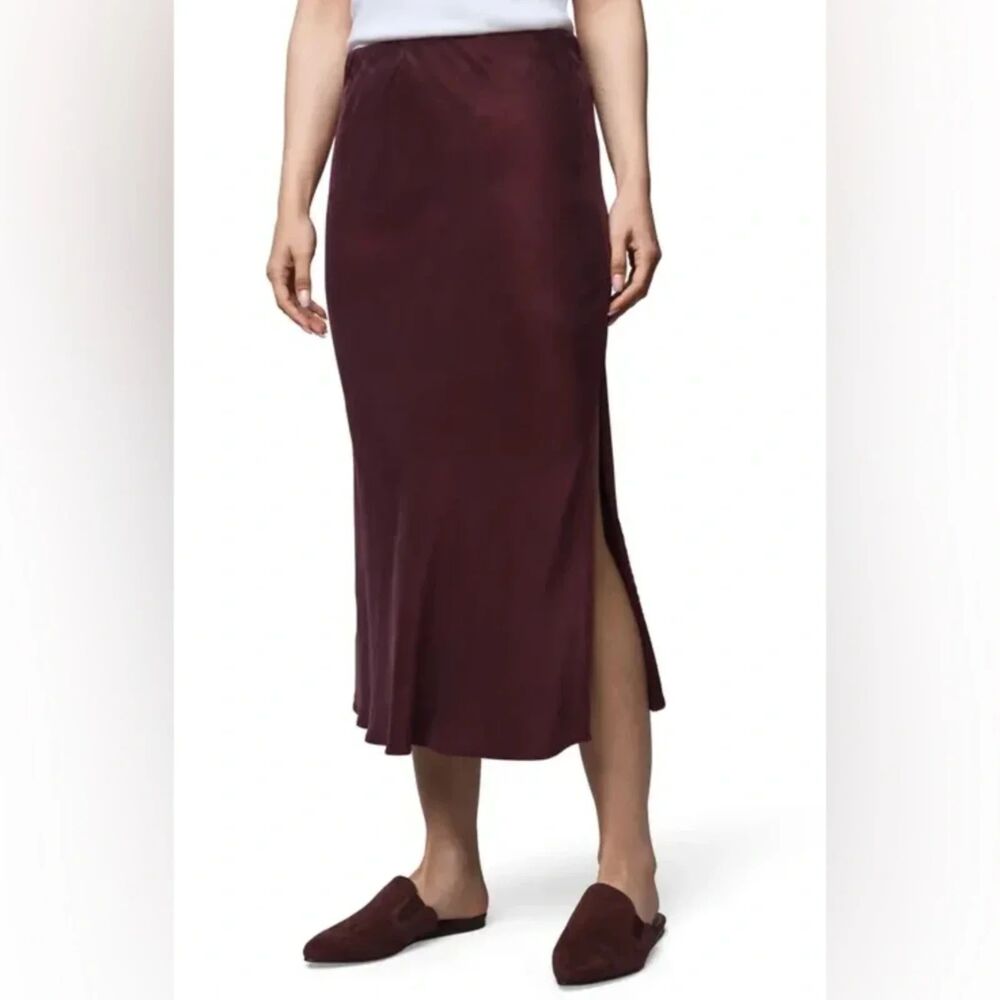 Splendid Dark Chocolate Satin Midi Skirt with Side Slit Women’s XL